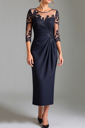 Sparkly Navy Sheath Satin Long Mother of the Bride Dress with Appliques